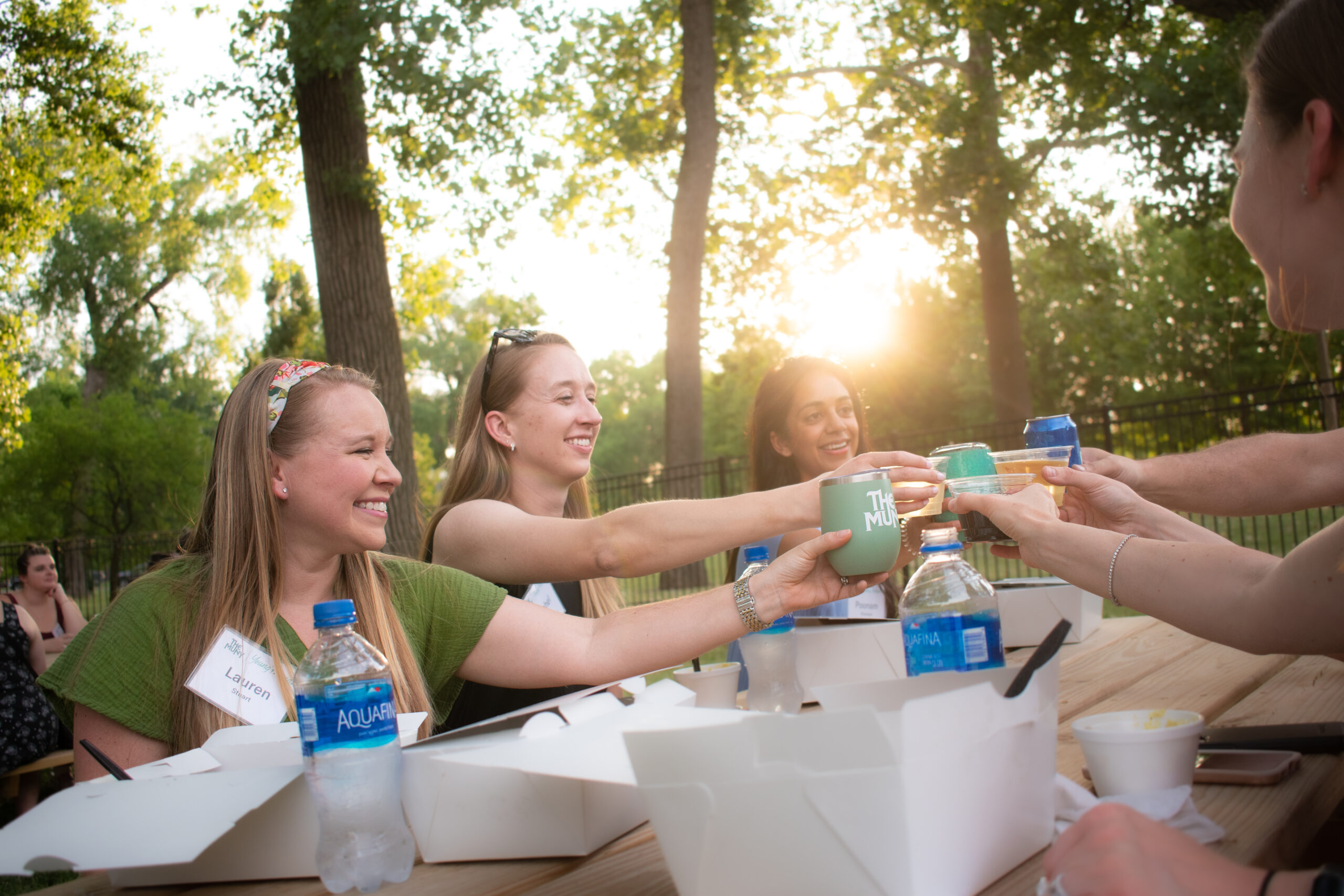 Women having a picnic and laughing while clicking their drinks