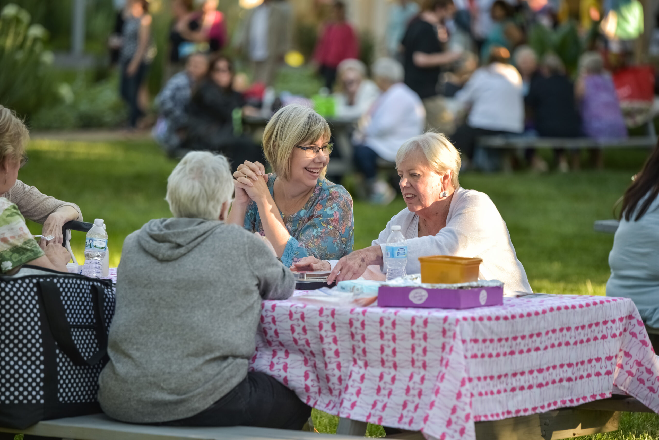 three ladies at a picnic table eating food