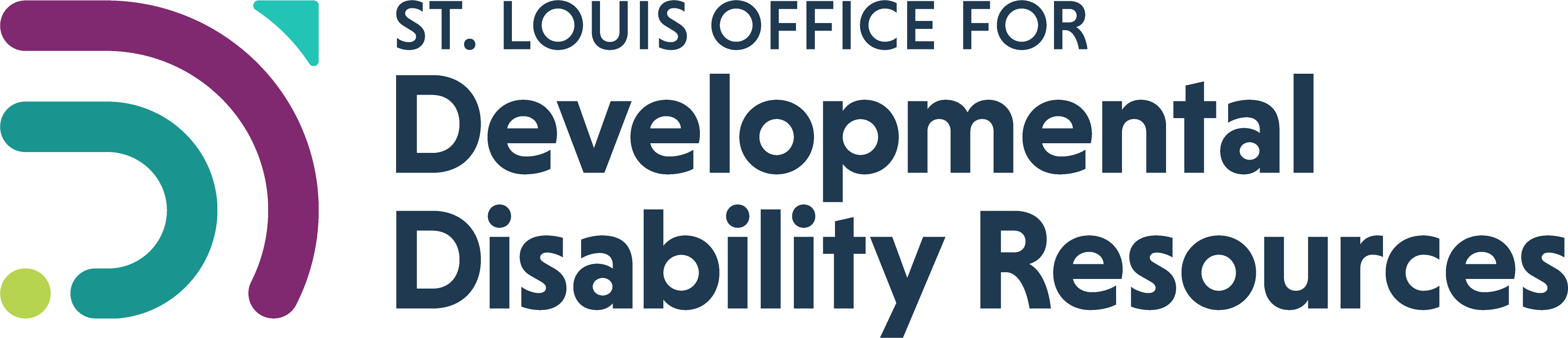 Logo for St. Louis Office for Developmental Disability Resources, featuring abstract shapes in teal, purple, and green next to the organization’s name in bold navy text to symbolize accessibility and inclusion.