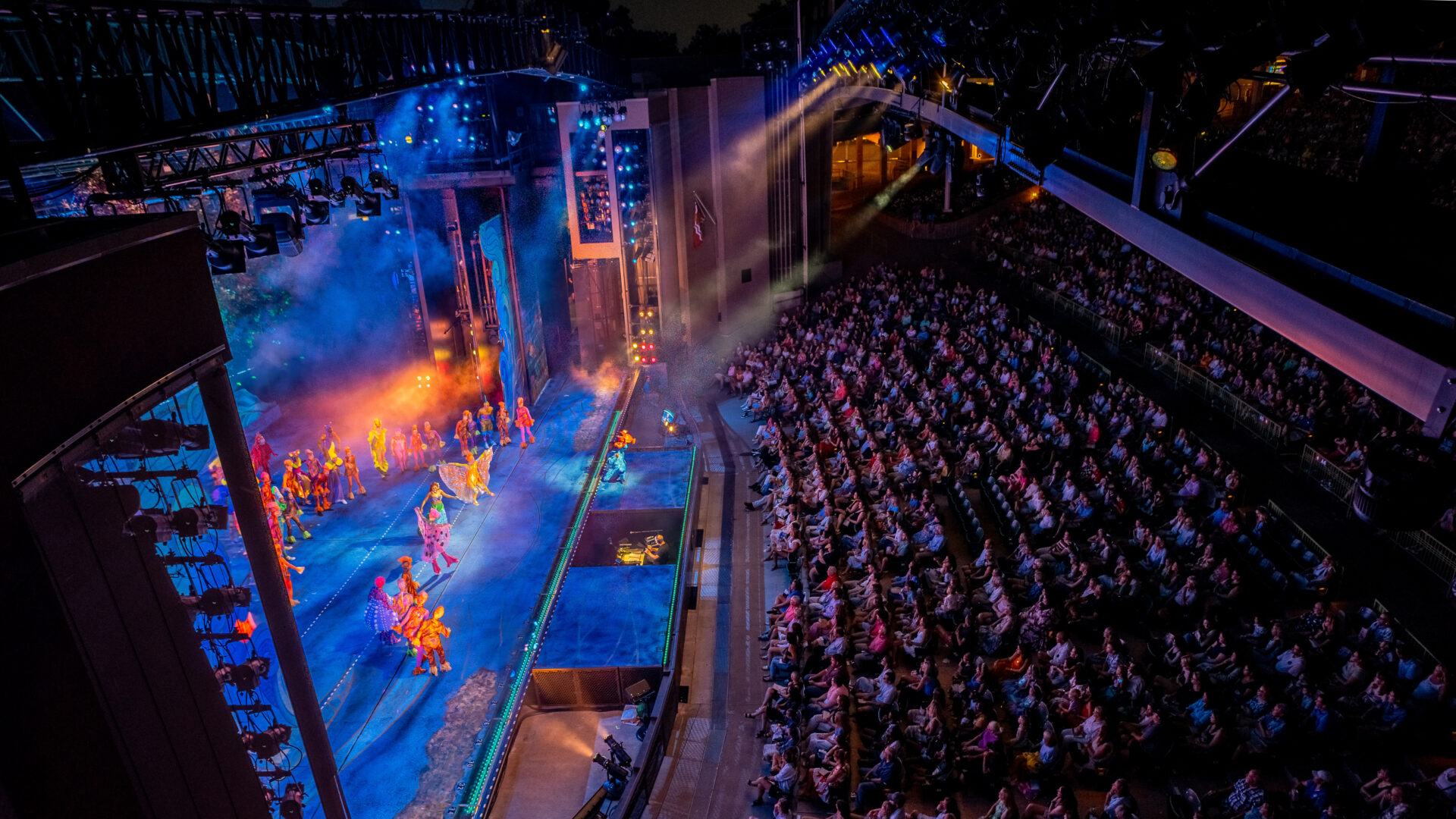 Overhead photo of the stage and audience during a performance of Disney's "The Little Mermaid"