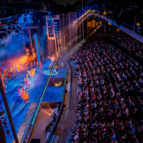 Overhead photo of the stage and audience during a performance of Disney's "The Little Mermaid"