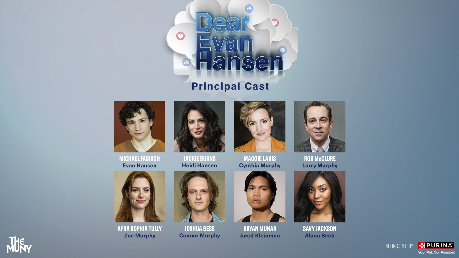 Headshots of principal cast members for Muny production of "Dear Evan Hansen"