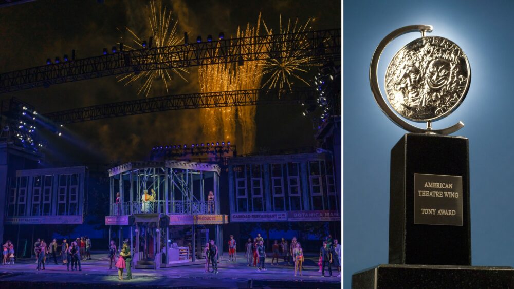 Photo of fireworks during the Muny production of "In the Heights" with an image of the Tony Award