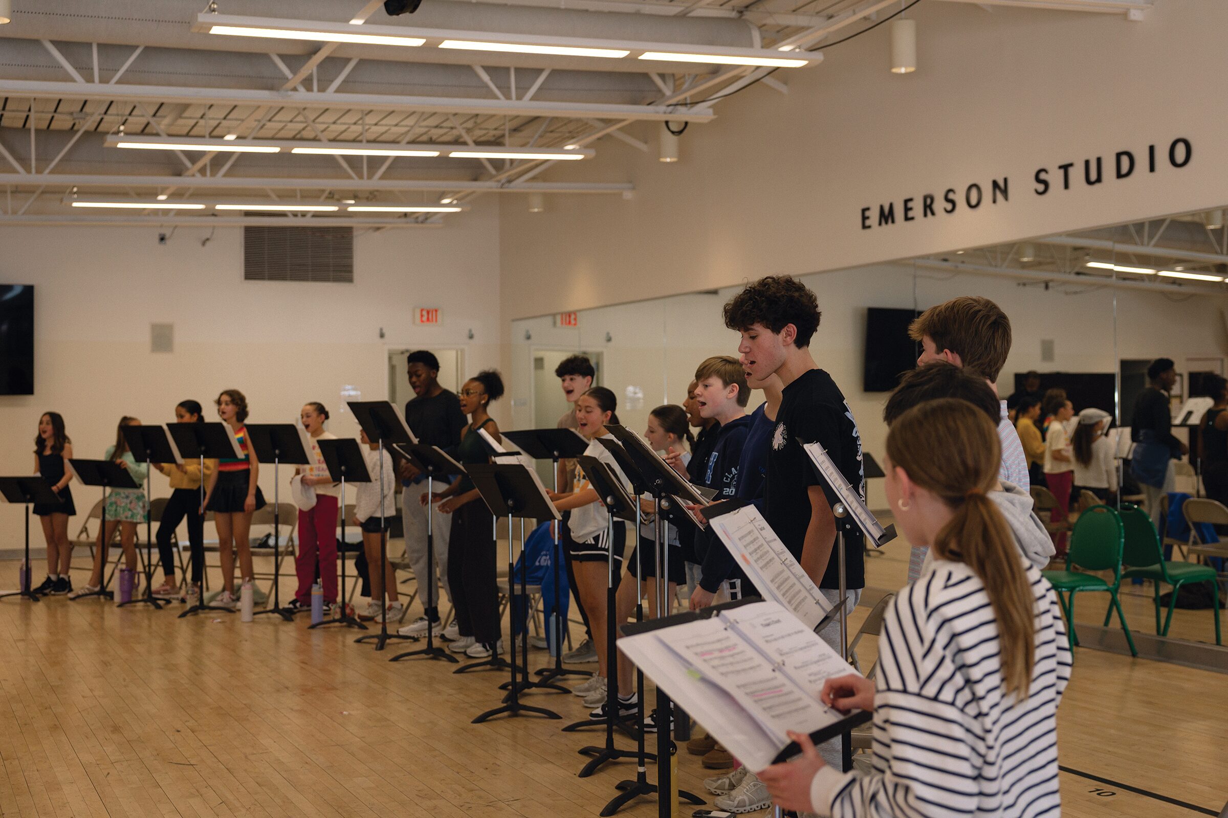 Members of the Muny Kids and Teens sing during a workshop of Hello! My Baby, a musical being revised by writer Cheri Steinkellner.