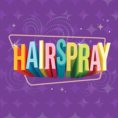 The word “HAIRSPRAY” appears in large, colorful, 3D block letters with sparkles, set against a purple patterned Press Room background with dotted circular designs.