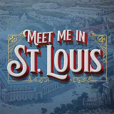Vintage-style graphic with ornate gold flourishes and bold, red-and-white text reading “Meet Me in St. Louis” over a blue-tinted illustrated aerial view of a historic city scene, perfect for adding classic flair to your Press Room décor.