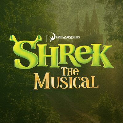 Logo for DreamWorks Shrek The Musical in bright green Shrek text with ogre ears, and The Musical in gold, set against a misty, forested background with a castle silhouette—perfect for display in the Press Room.