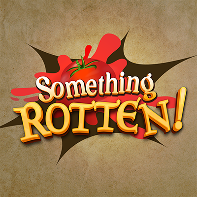 Text logo for Something Rotten! with a red tomato splatter and bold, yellow letters on a textured brown background, perfect for the Press Room. The words Something and Rotten! stand out, with Rotten! larger and more stylized.