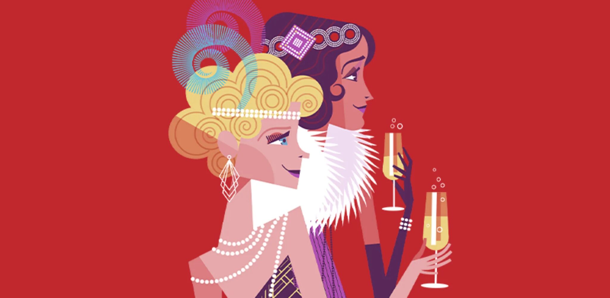 Two women in 1920s-style attire stand back to back, holding champagne glasses. They wear elegant dresses, pearl necklaces, and ornate headpieces, set against a bold red background.