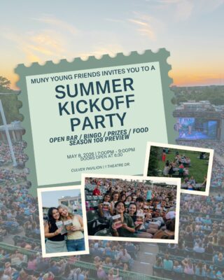 Event flyer features a lively outdoor theater filled with Muny Young Friends. Join the Summer Kickoff Party with an open bar, bingo, prizes, food, and a Season 108 Preview. May 8, 2023, 6:30–9 PM at Culver Pavilion.