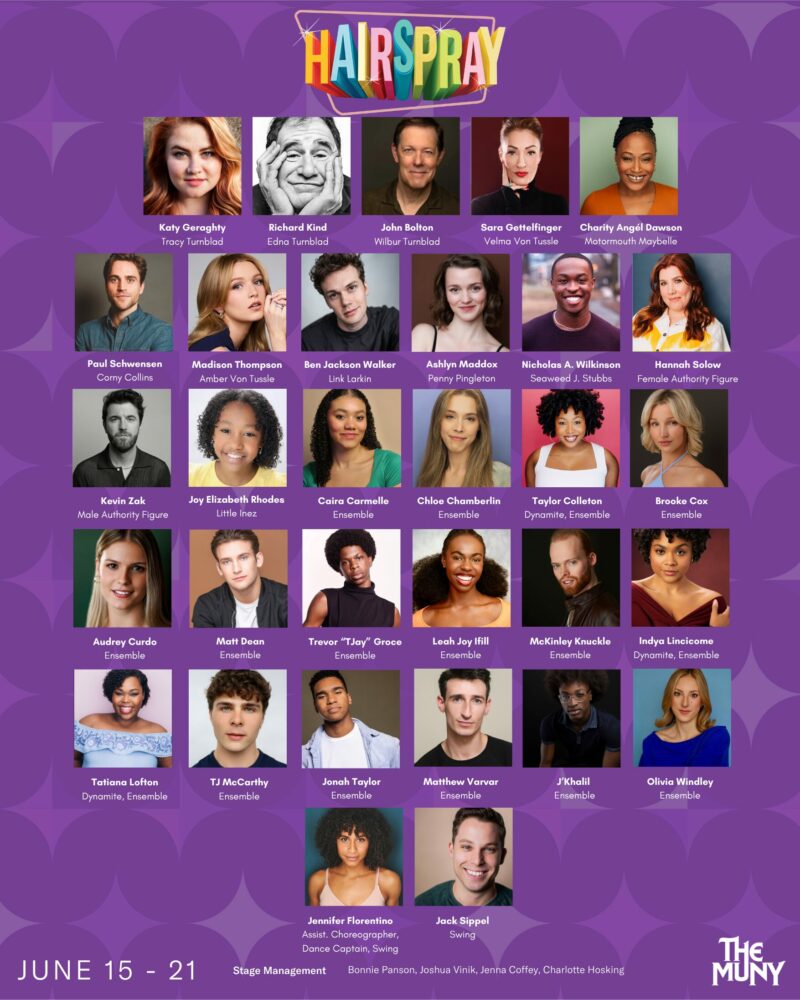 A colorful cast grid for “Hairspray” at The Muny, June 15–21. Each square shows a headshot and name of a cast or crew member, set against a bright purple background with the show’s title at the top.