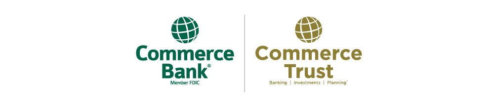 Two logos: Commerce Bank in green with a globe icon, and Commerce Trust in gold with the same globe icon and the words Banking | Investments | Planning underneath.