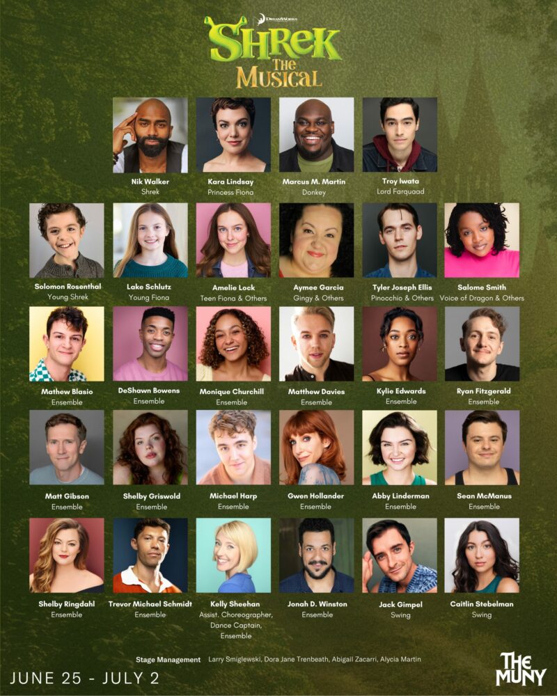 A promotional poster for Shrek The Musical showing a grid of 30 cast and crew headshots with names and roles, set against a green background. Show dates are June 25 – July 2 at The Muny.