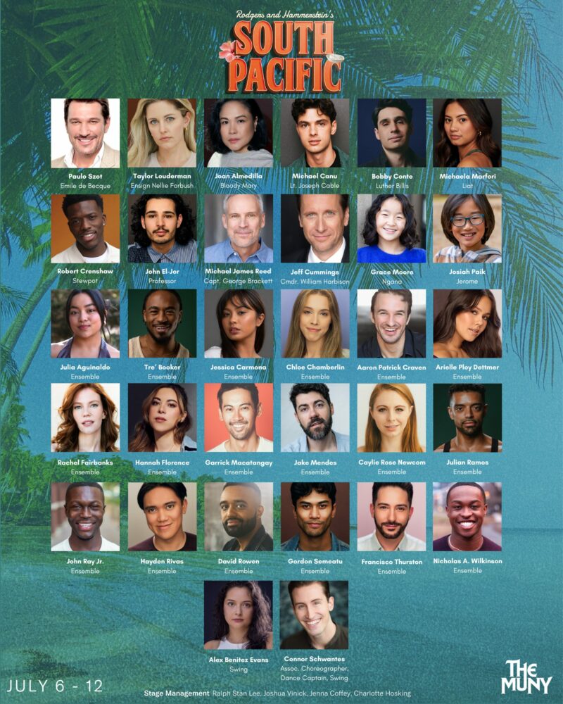 A cast announcement poster for South Pacific at The Muny, showing headshots and names of the actors, creative team, and management against a tropical palm-leaf background, with performance dates July 6–12.