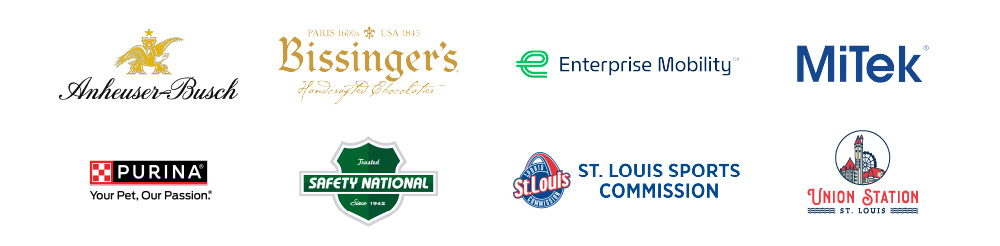 A row of eight company logos, including Anheuser-Busch, Bissinger’s, Enterprise Mobility, MiTek, Purina, Safety National, St. Louis Sports Commission, and Union Station St. Louis.
