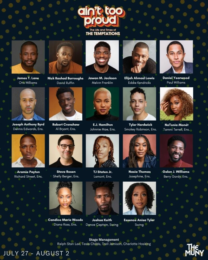 A promotional poster for Aint Too Proud: The Life and Times of The Temptations featuring headshots and names of the cast and creative team, with show dates July 27–August 2 at The Muny.