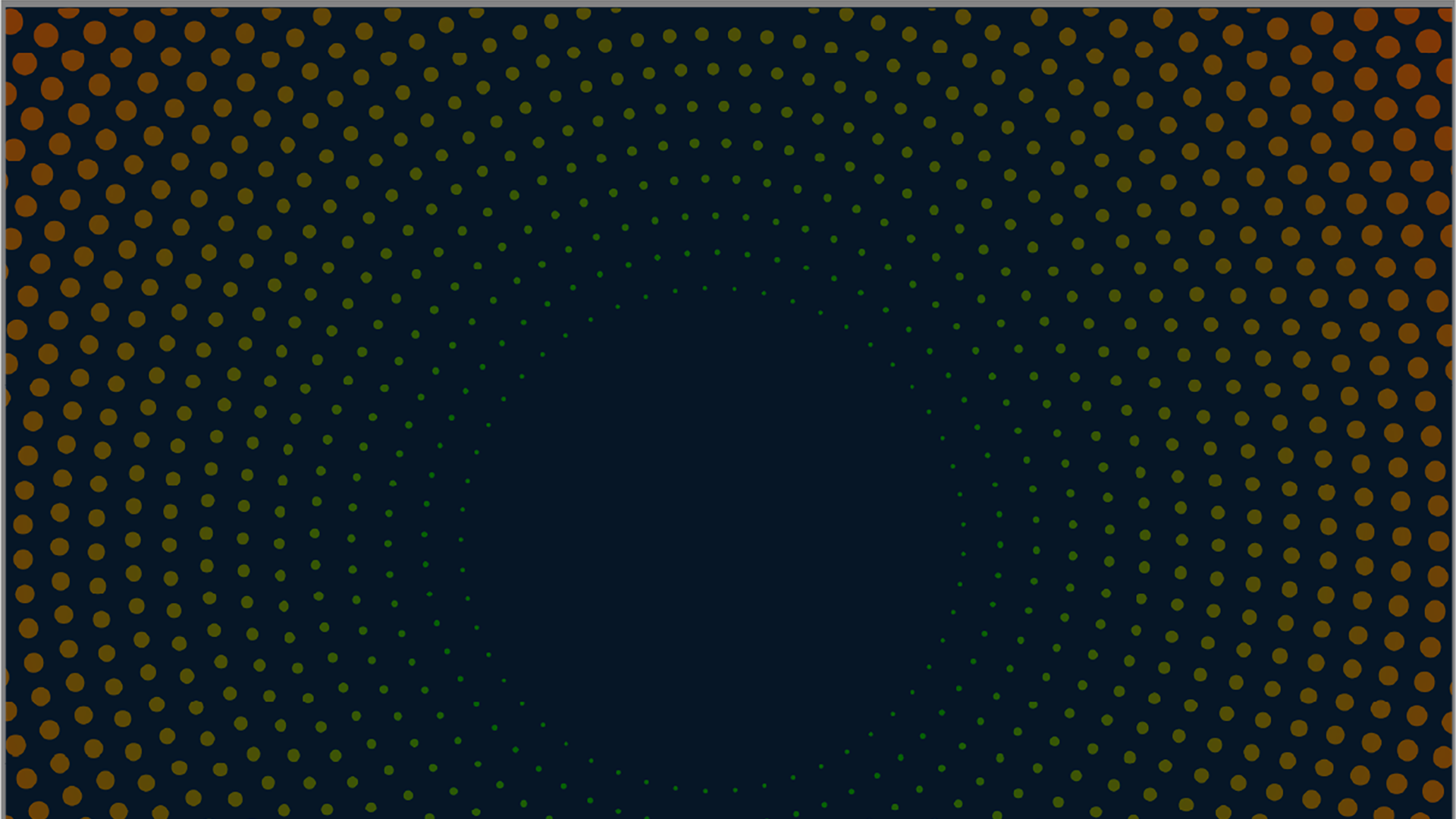 A dark background with concentric circles of small colored dots, transitioning from orange on the edges to green near the center, forming a gradient pattern radiating from a blank, dark central area.