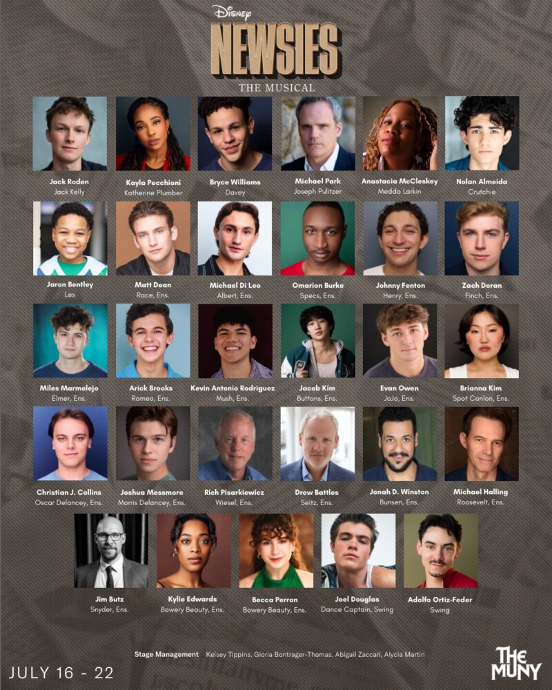 A cast photo grid for Disneys Newsies: The Musical, showing headshots and names of actors, creative team, and crew. Dates July 16 - 22 and The Muny logo appear at the bottom.