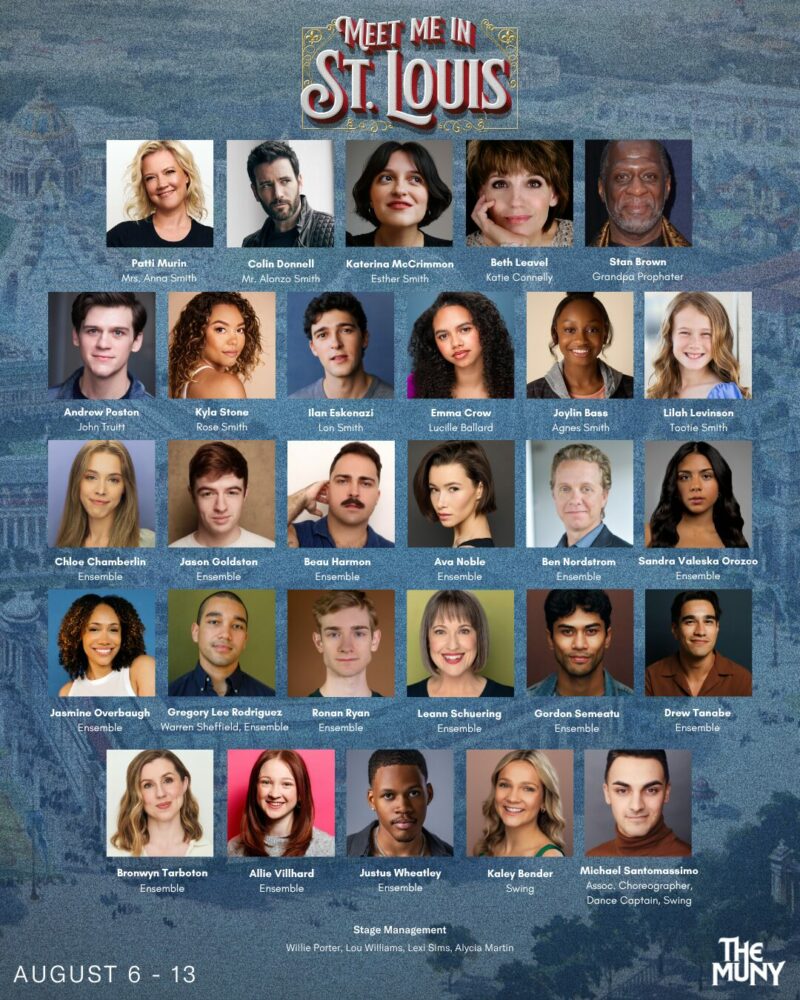 A promotional poster for Meet Me in St. Louis shows headshots of the cast and crew arranged in a grid, each with their name and role, against a blue background with the shows title at the top.