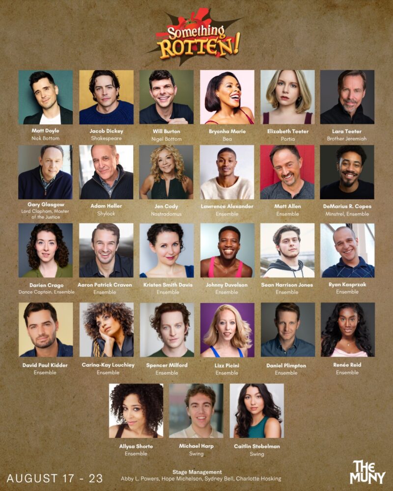 Headshots of the cast and crew for Something Rotten! at The Muny, arranged in a grid with names, roles, and dates August 17-23 at the bottom. The shows colorful logo is at the top of the image.