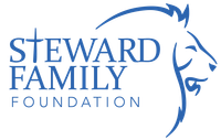Logo for Steward Family Foundation in blue text, with the T in Steward resembling a cross. To the right, there is an outline of a lions head.